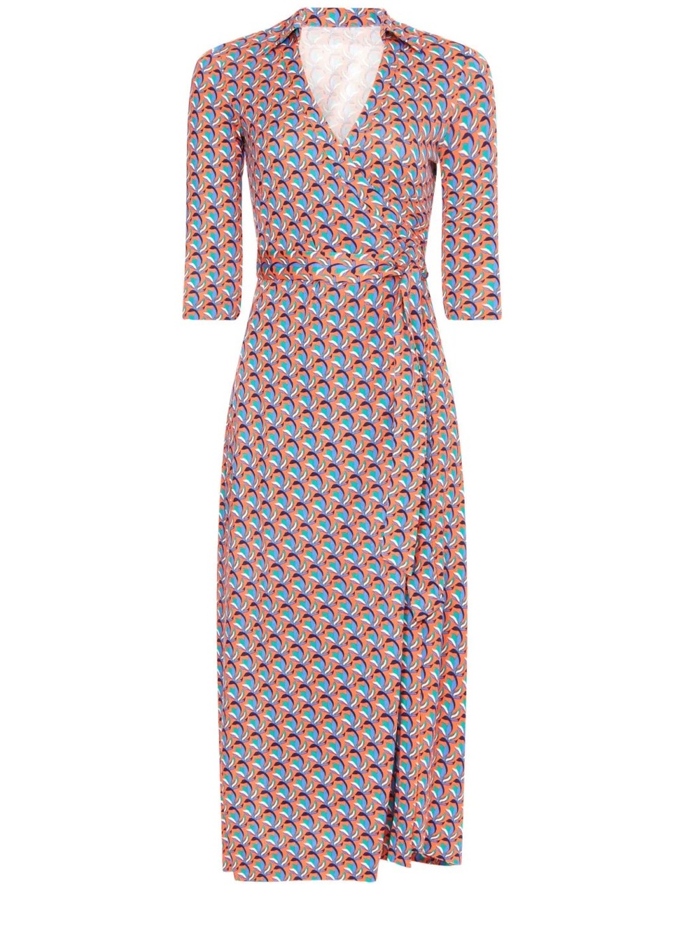 Diane Von Furstenberg Coral and Blue Geometric Wrap Midi Dress
